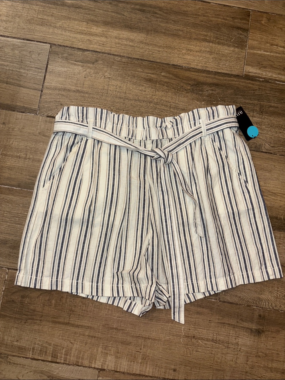 a.n.a Striped Paperbag Waist Shorts - White & Blue